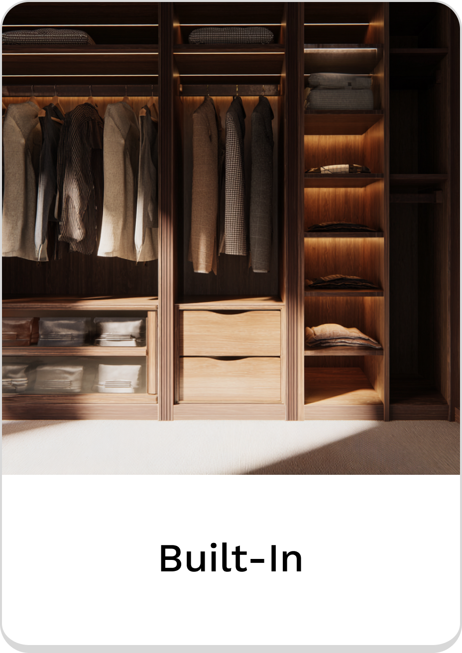 Elegant built-in closet showcasing organized clothing and storage solutions.