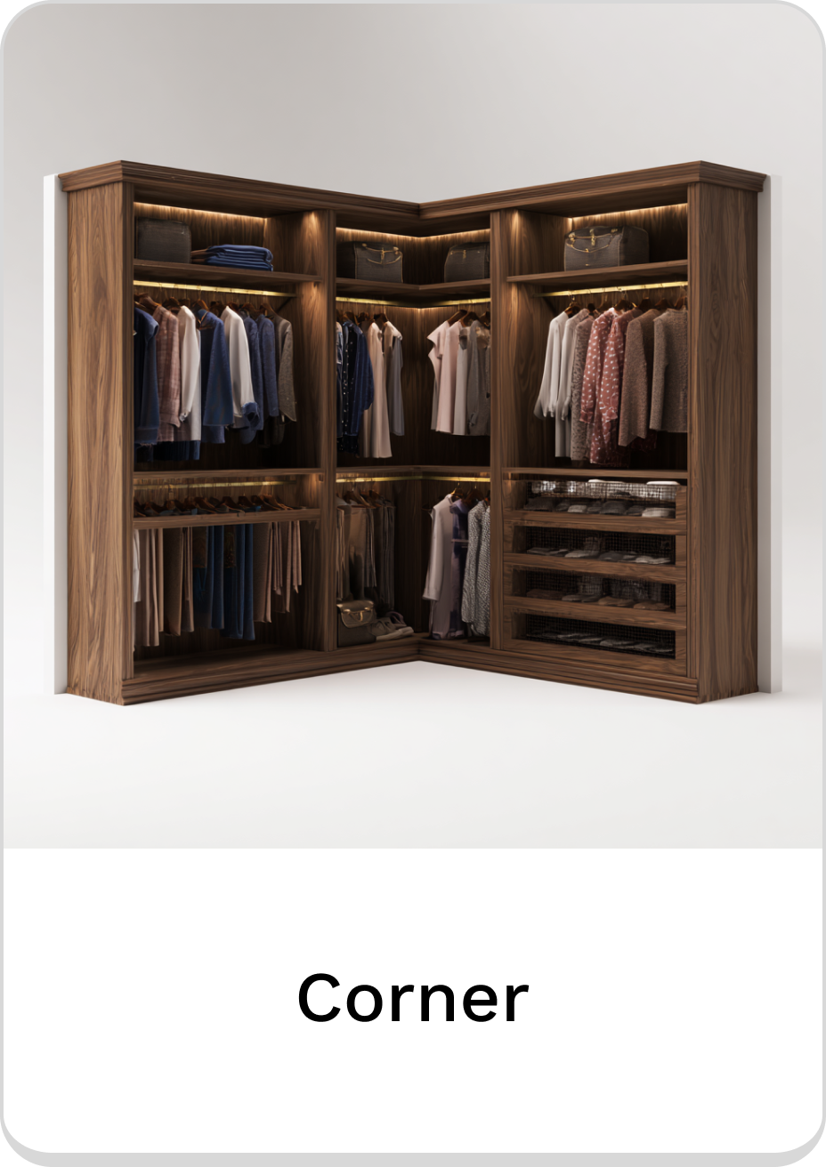 Elegant corner closet design with stylish shelves and organized clothing storage.