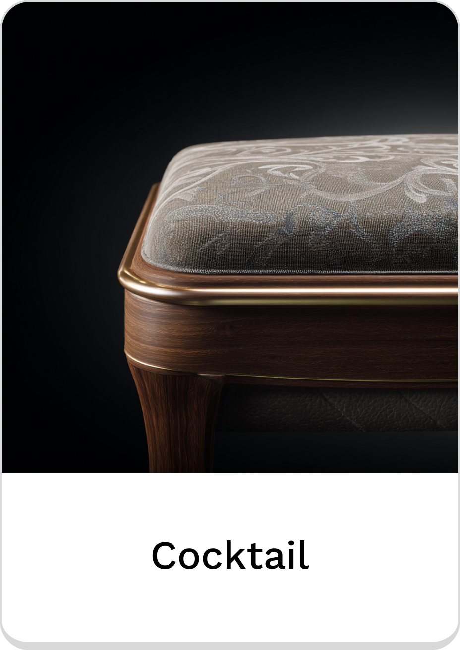 Elegant cocktail ottoman featuring a textured fabric and wood finish.