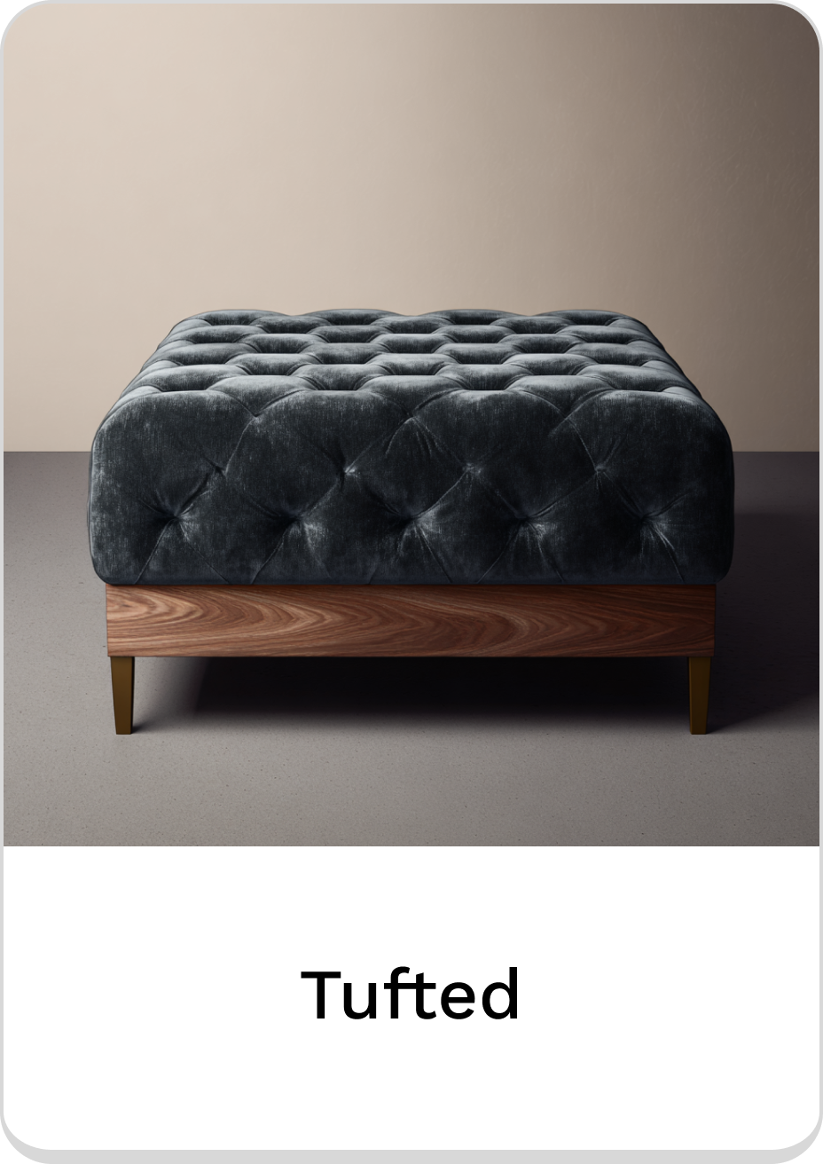 Stylish tufted ottoman with plush fabric and elegant wood legs. Perfect for any space.