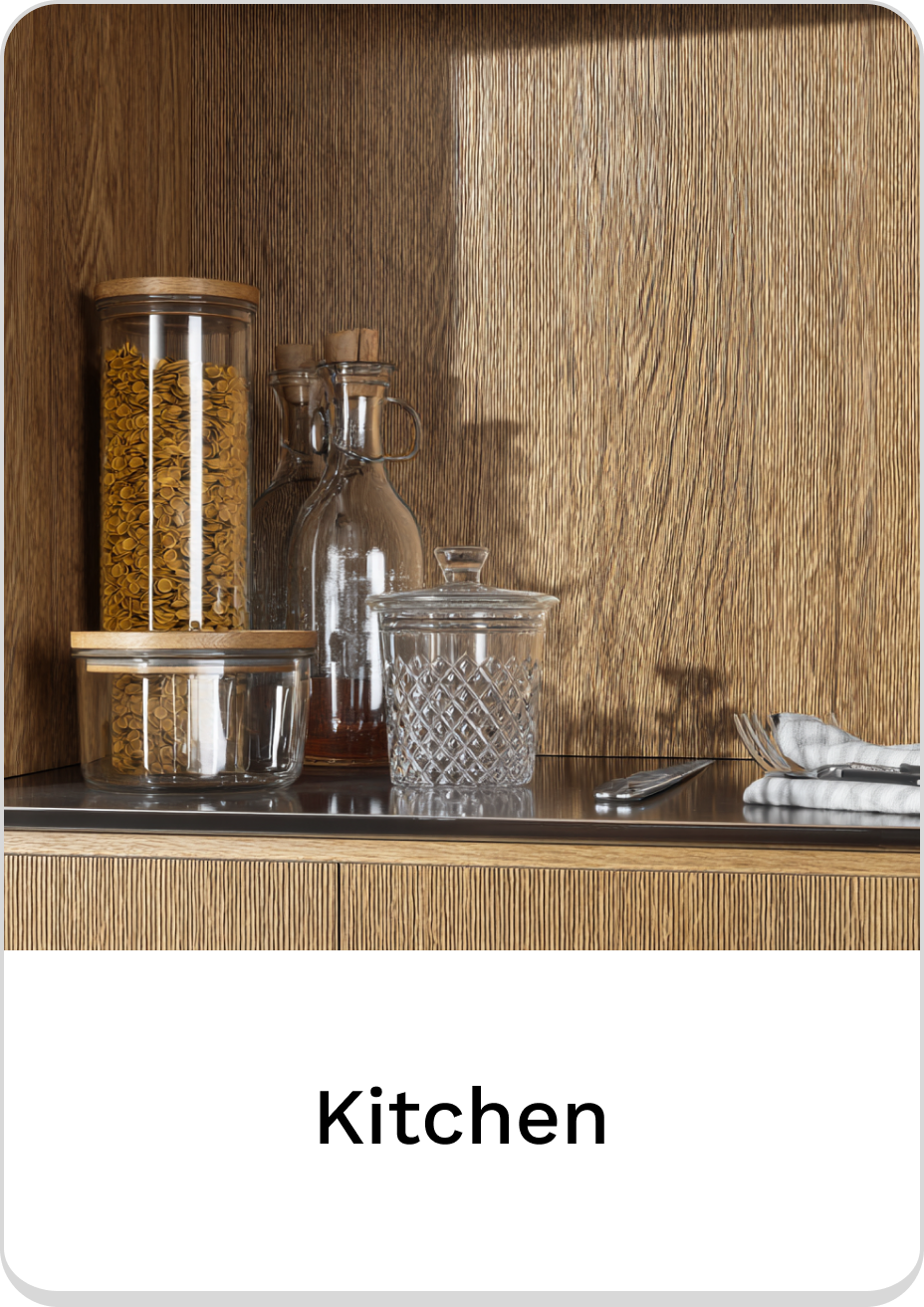 Stylish kitchen storage containers and utensils on a modern wooden shelf.
