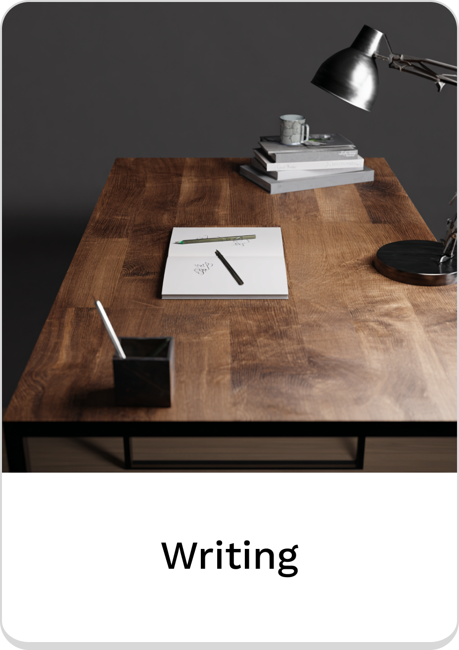 Stylish writing desk with notebook, pen, and lamp for creative workspace inspiration.