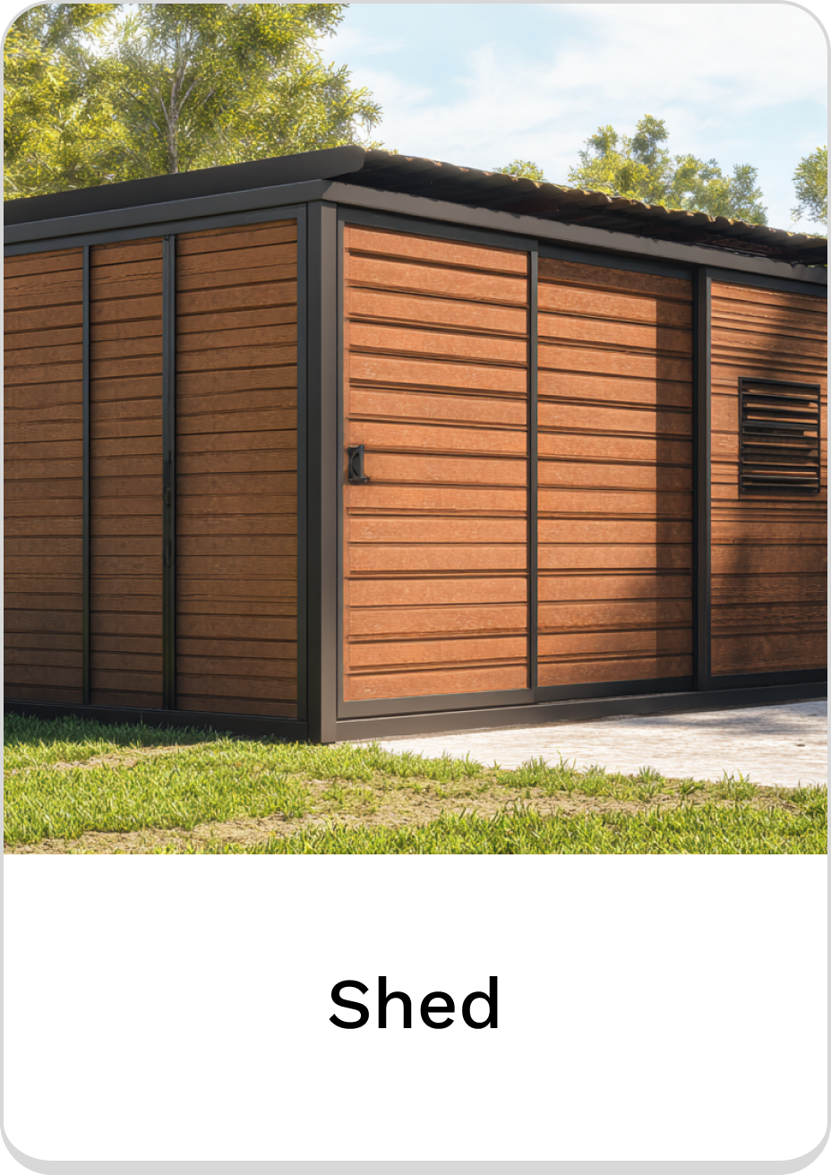 Modern wooden shed with sleek design, perfect for outdoor storage.