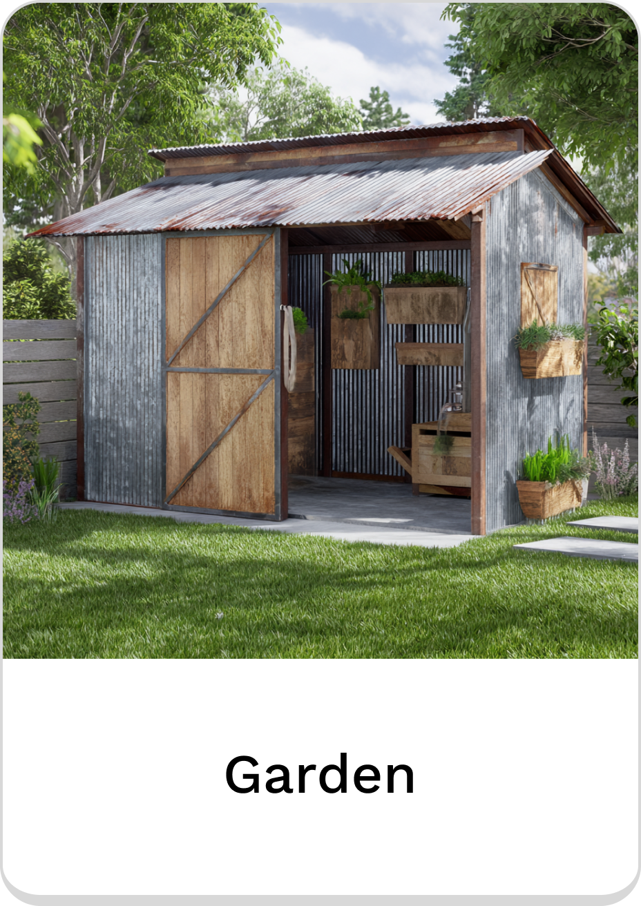 Charming garden shed with rustic design and greenery accents.