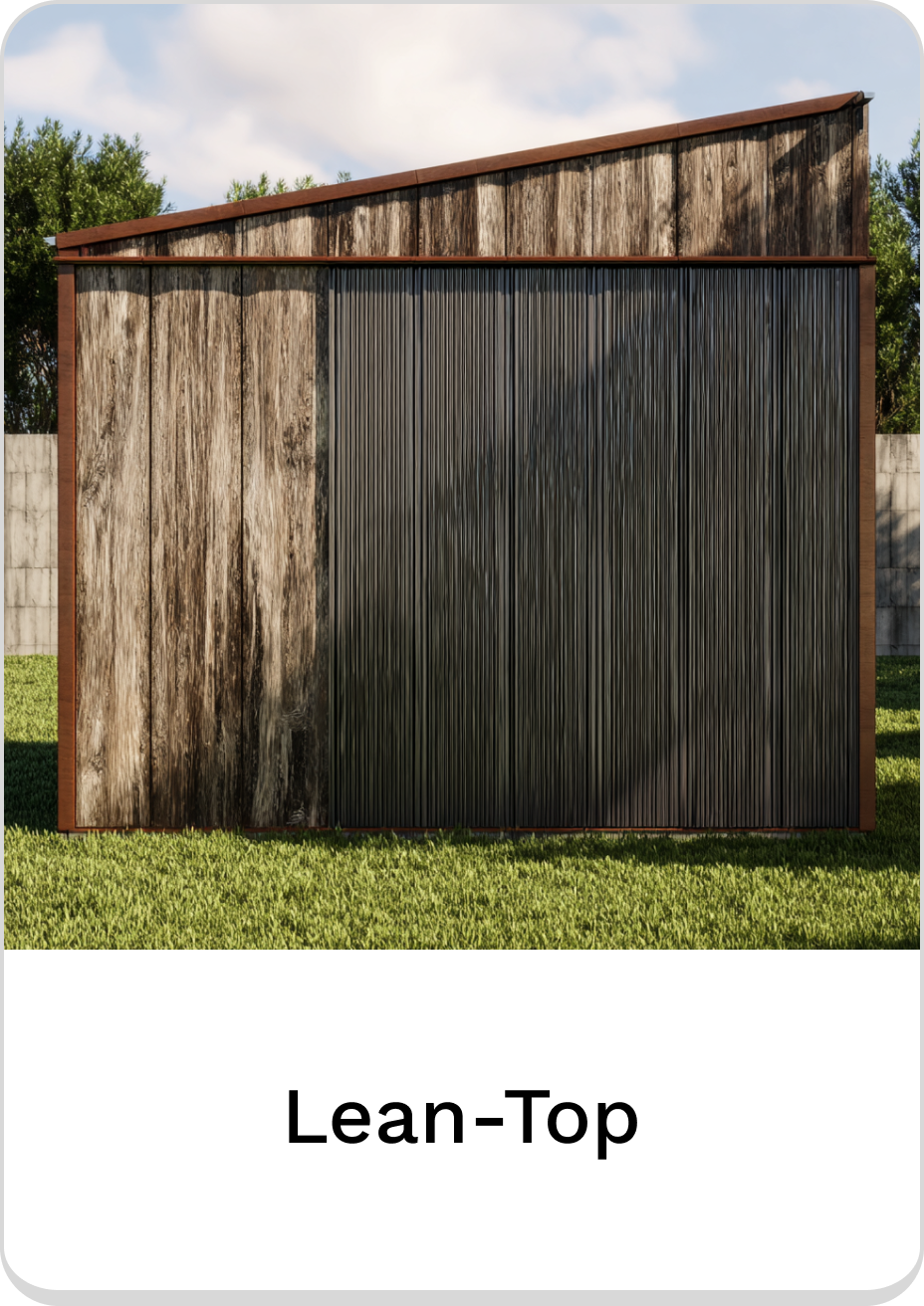 Stylish Lean-Top shed with wooden and metal finishes in a green outdoor setting.