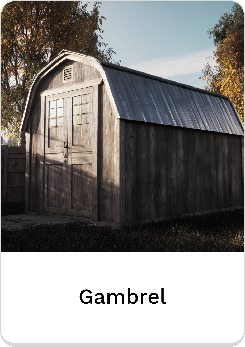 Rustic gambrel shed with a metal roof, surrounded by trees and grass.