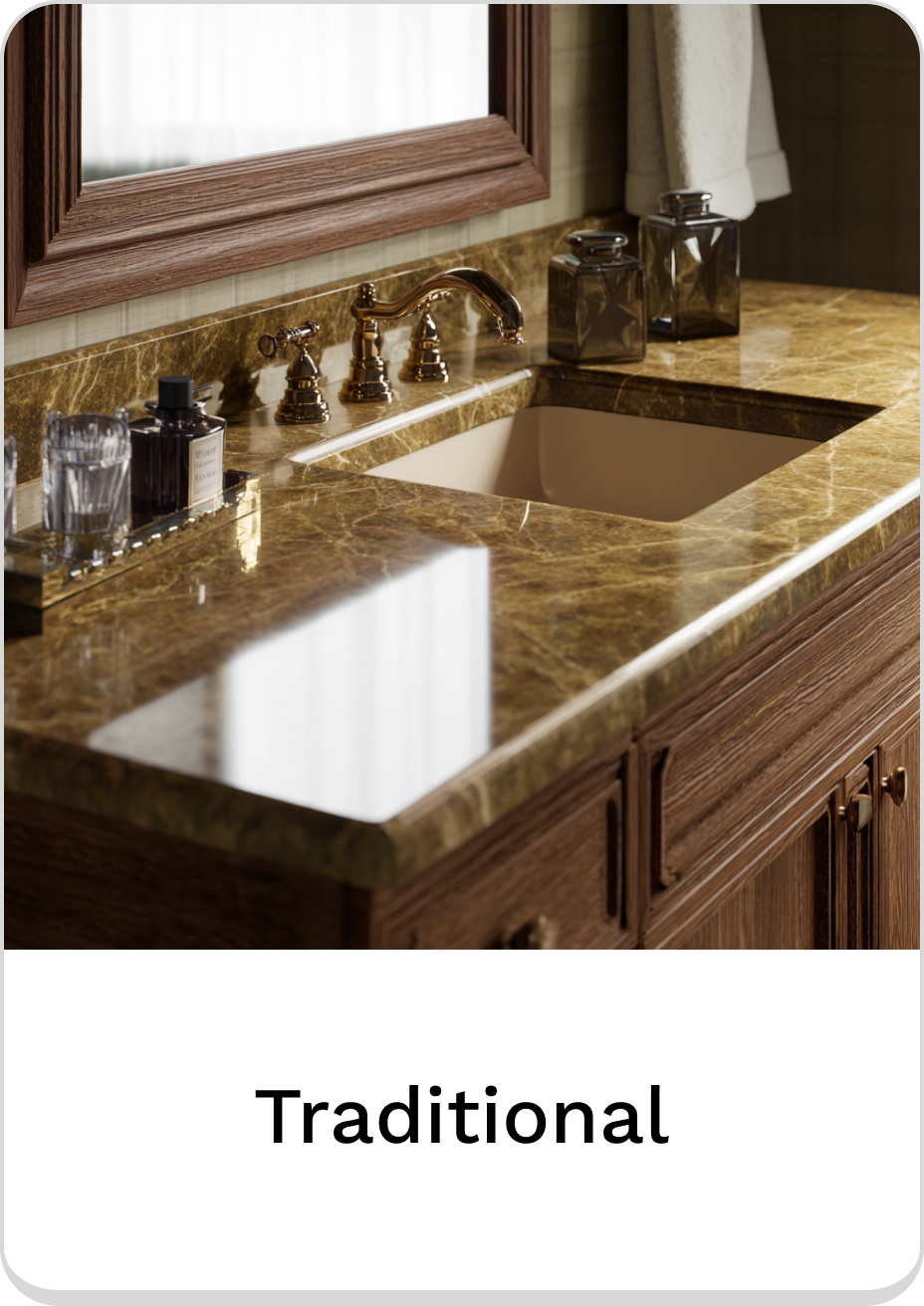 Elegant traditional bathroom countertop with sink and stylish fixtures.