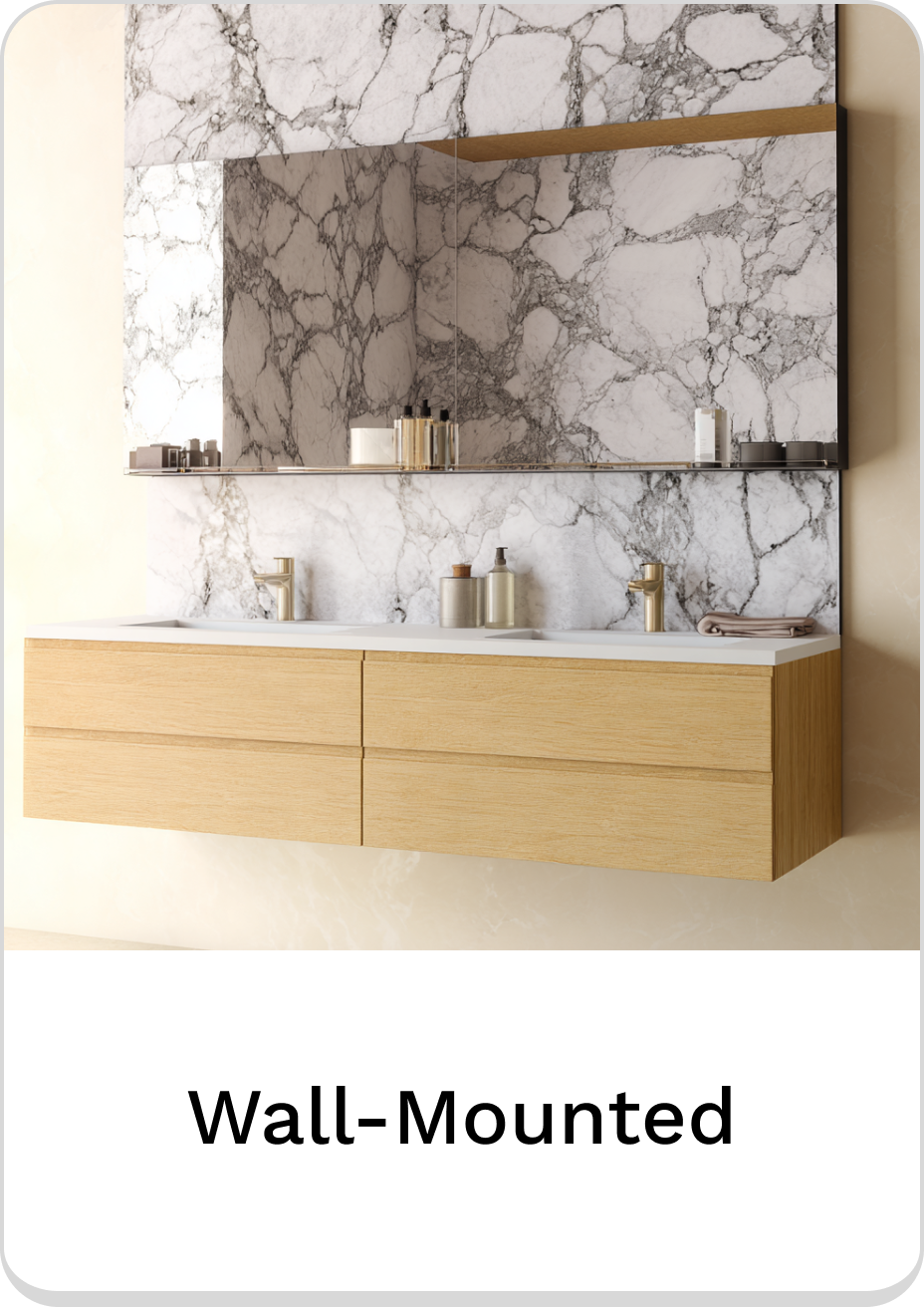 Elegant wall-mounted bathroom vanity with wooden finish and marble backdrop.
