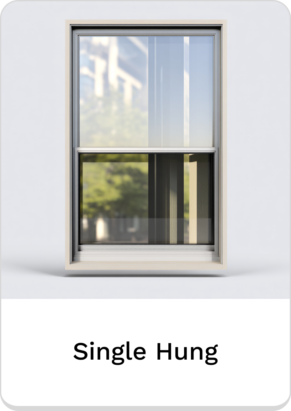 Modern single hung window design with clear glass and natural frame.