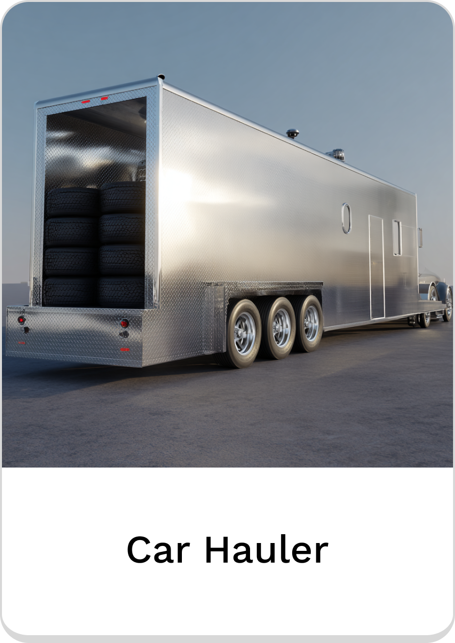 Stylish aluminum car hauler with multiple tire storage options for secure transport.