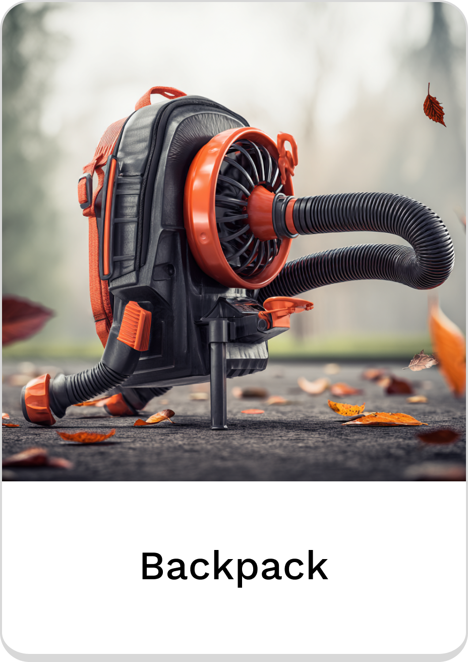 Powerful backpack leaf blower design with vibrant orange accents and flexible hoses.