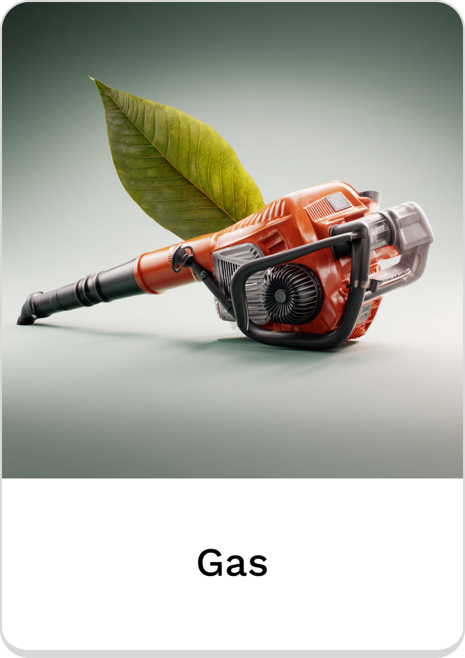 Gas leaf blower with green leaf for efficient outdoor cleaning and maintenance.