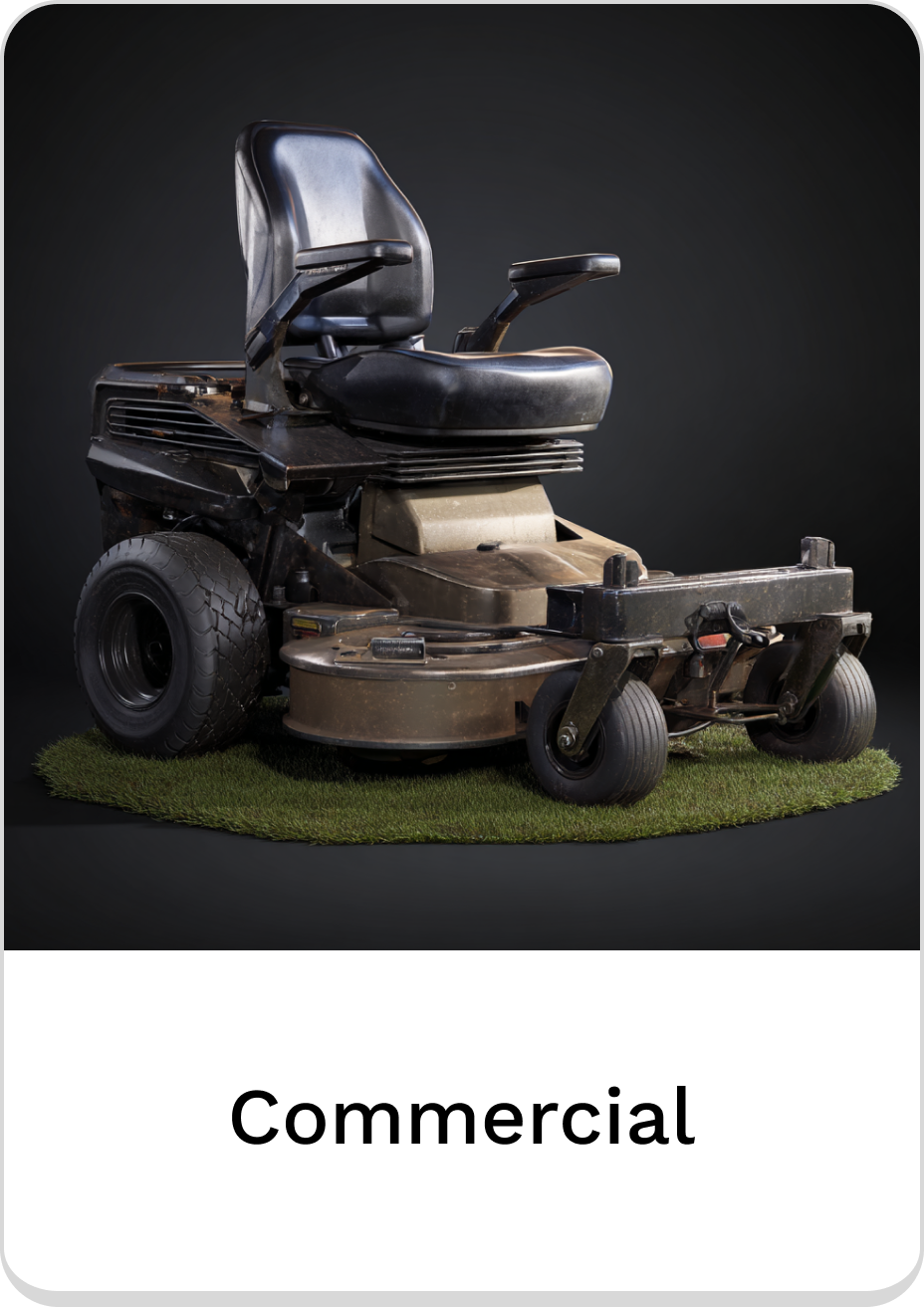 Heavy-duty commercial riding lawn mower on artificial grass backdrop.