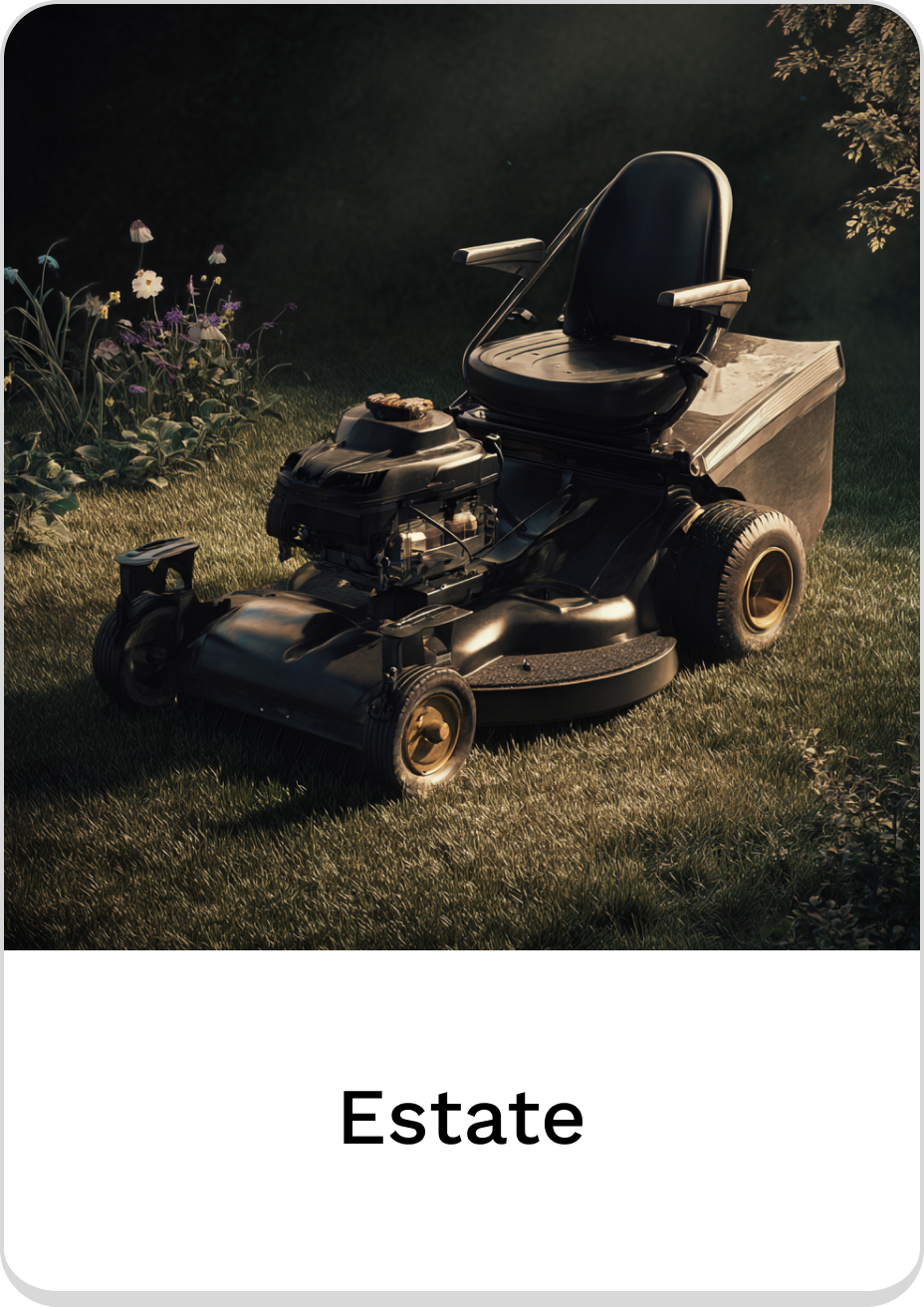 Black riding lawn mower for estate maintenance, designed for efficient cutting and comfort.