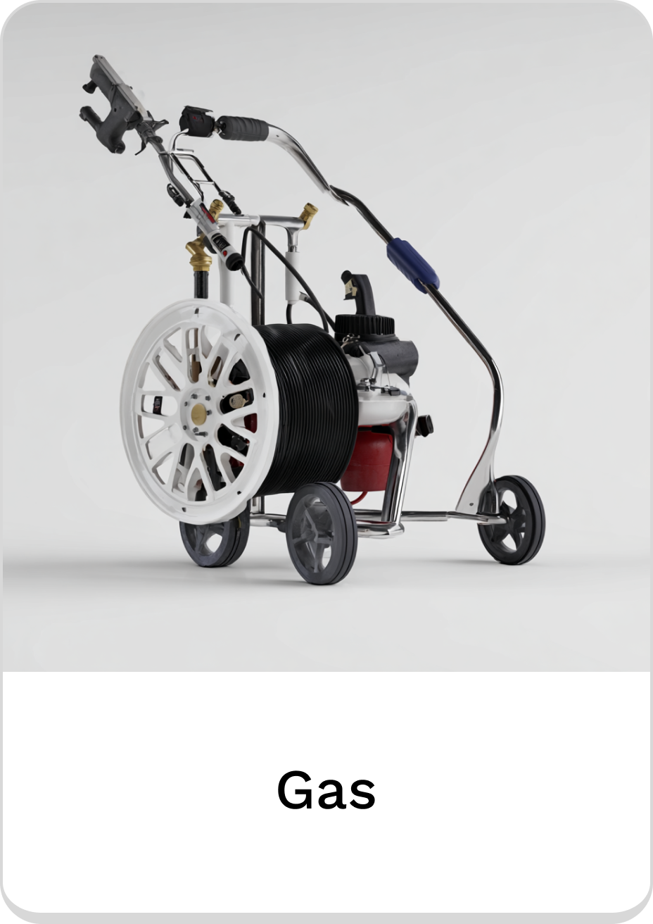 Powerful gas-powered pressure washer with durable wheels and efficient design.