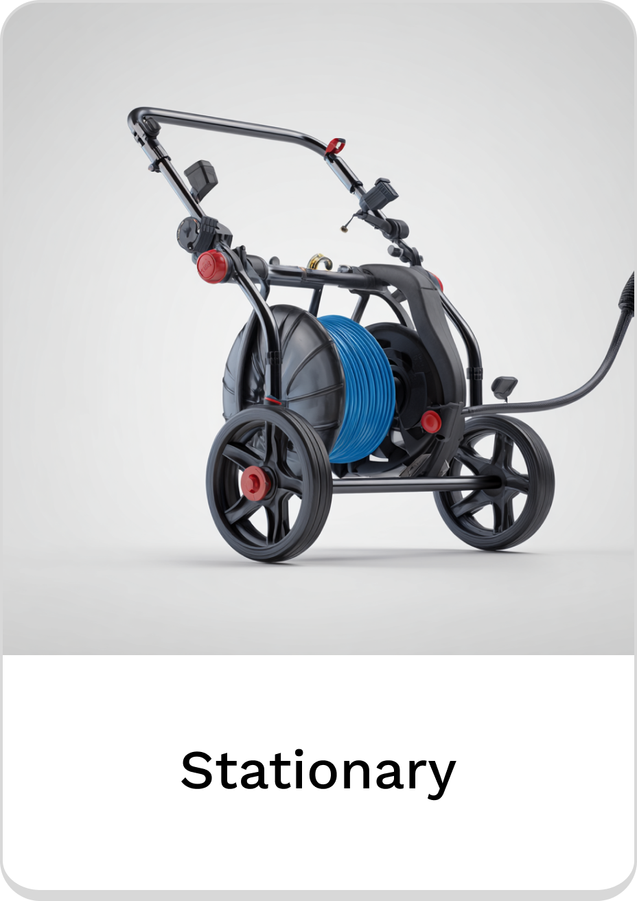 Durable stationary hose reel with blue hose for efficient gardening and landscaping.