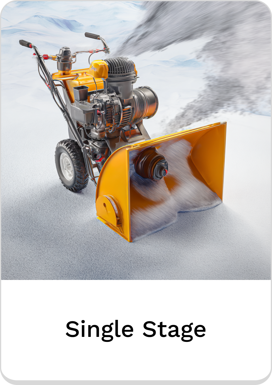 Single stage snow blower designed for efficient snow removal on driveways.