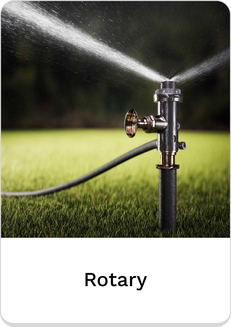 High-efficiency rotary sprinkler watering lush green grass in a garden.