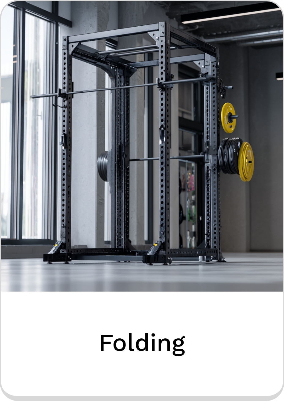 Folding squat rack with weight plates, perfect for home gym workouts.