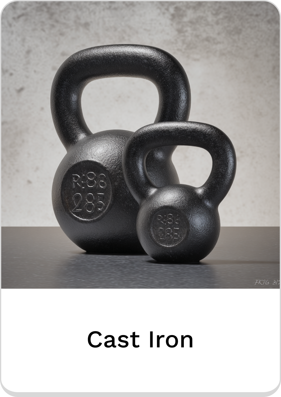 Pair of durable cast iron kettlebells for effective strength training workouts.