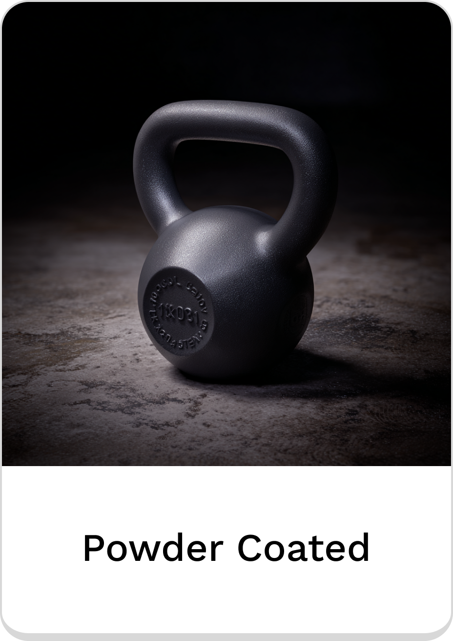 Stylish black powder coated kettlebell for effective strength training.