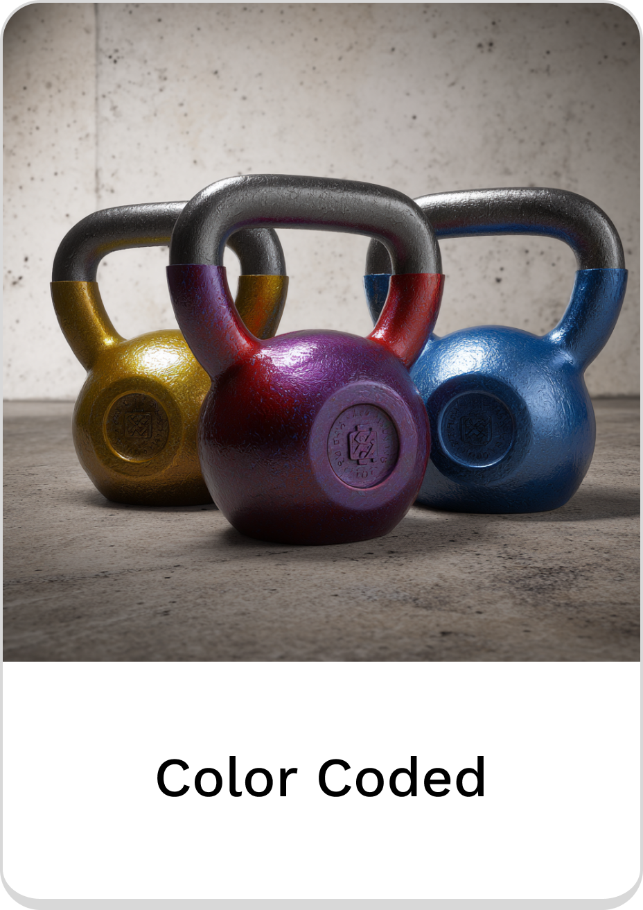 Color-coded kettlebells for effective strength training and easy weight identification.