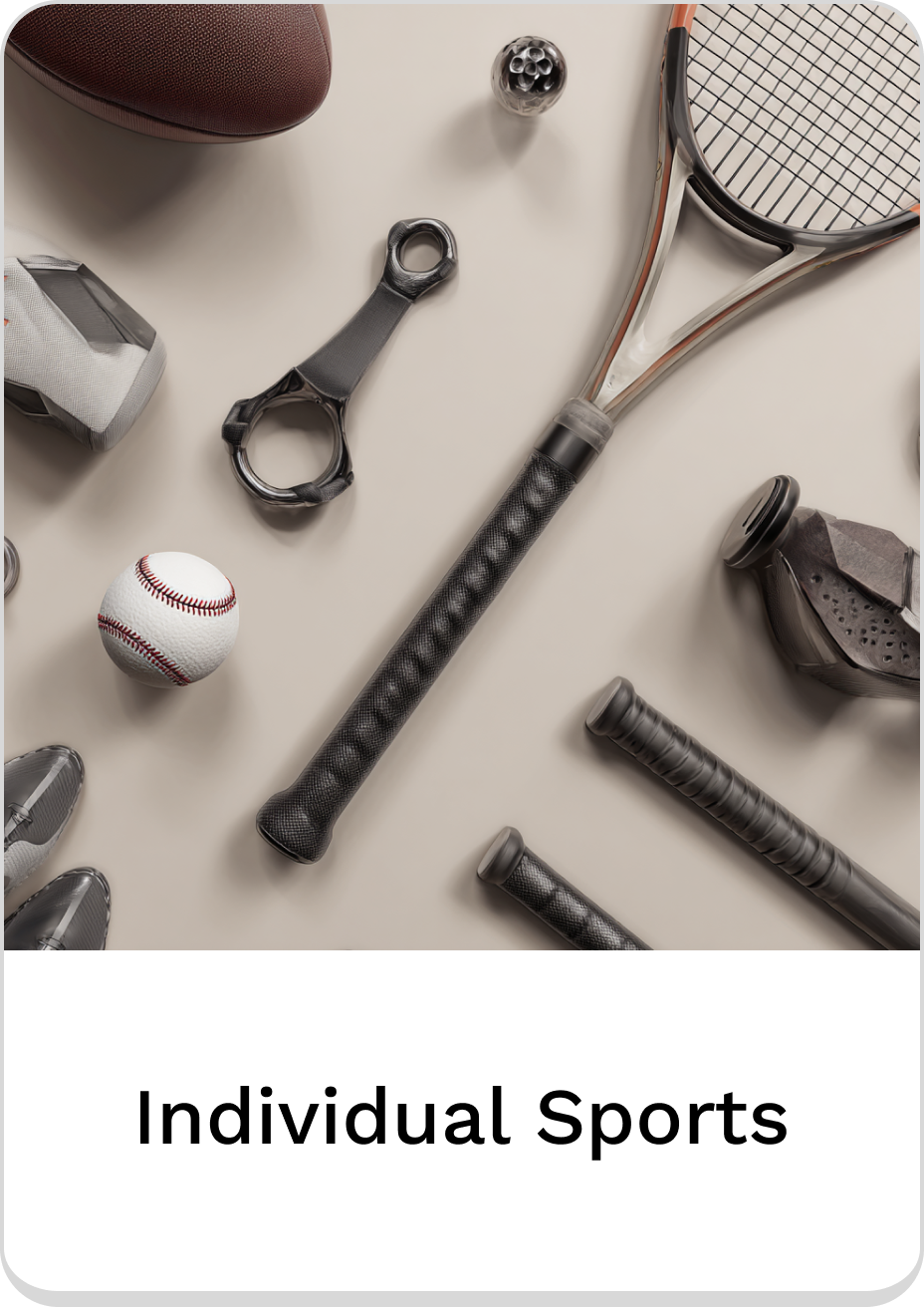 Assorted gear for individual sports displayed on a neutral background.