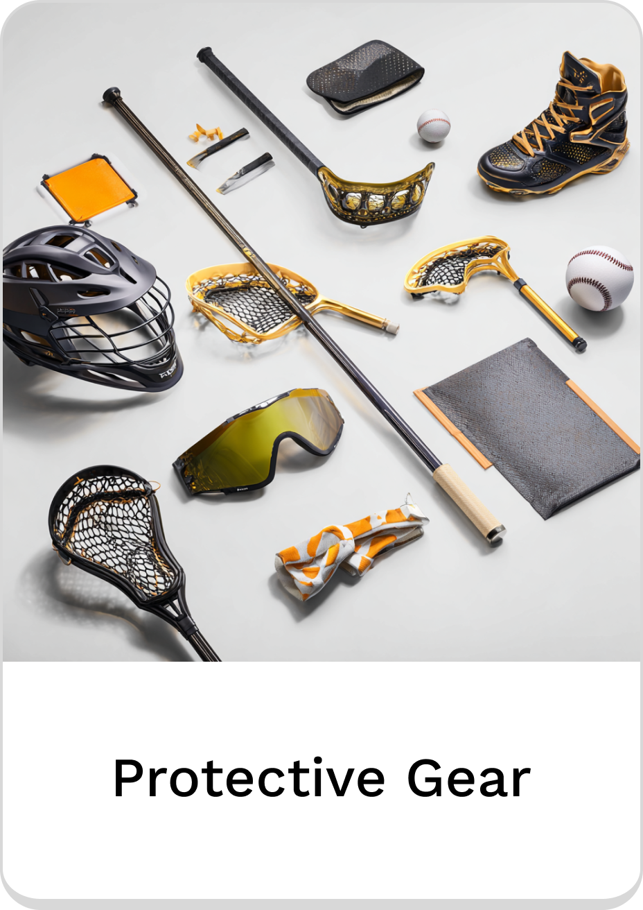 Collection of protective gear for lacrosse with helmets, gloves, and sticks.