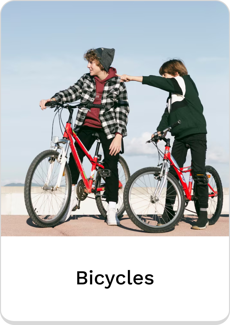 Two kids enjoying bicycles outdoors, smiling and interacting on a sunny day.