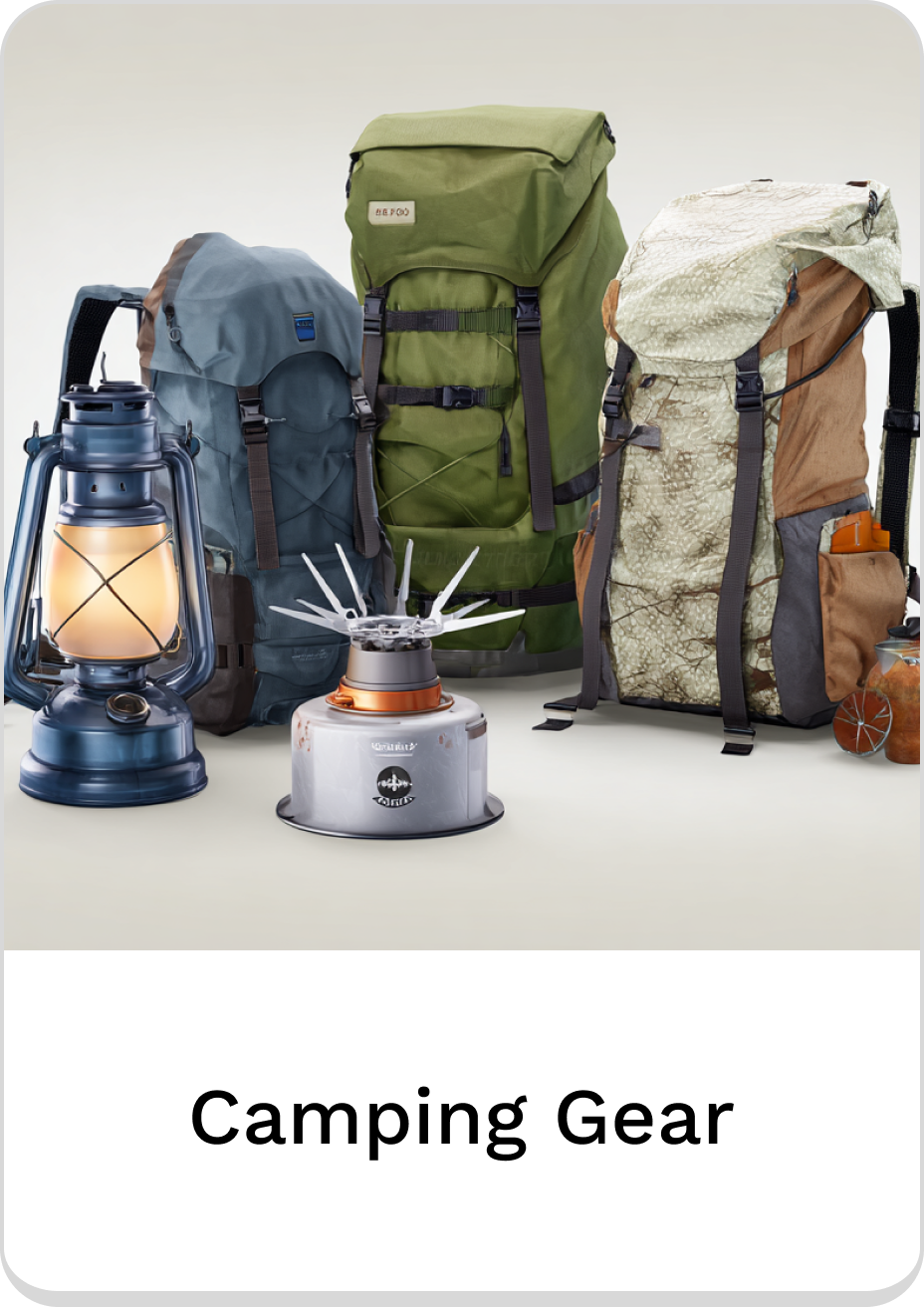 Camping gear including backpacks, lanterns, and portable stoves for outdoor adventures.