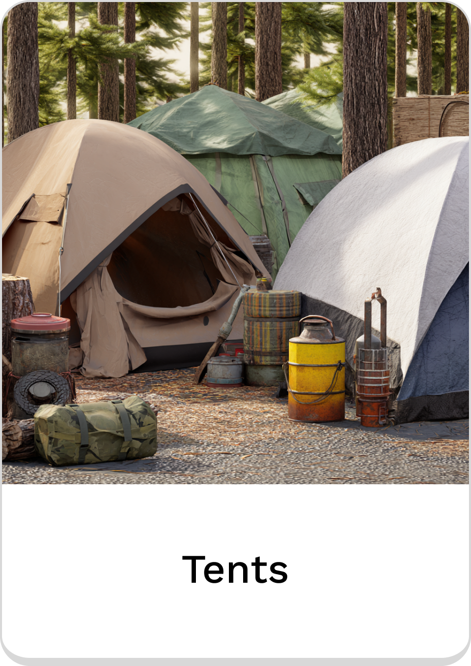 Three camping tents nestled in a forested area surrounded by outdoor gear.