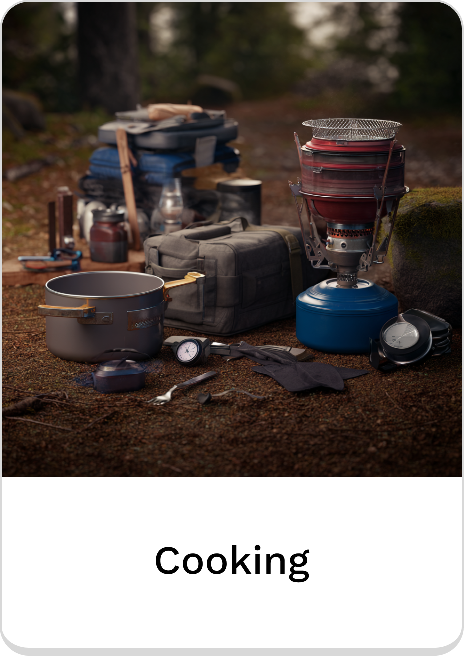 Camping cooking gear including pots, stove, and utensils for outdoor adventures.