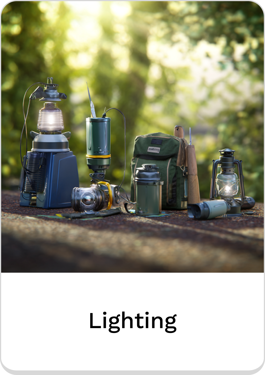 Variety of outdoor lighting tools for camping and adventure use.