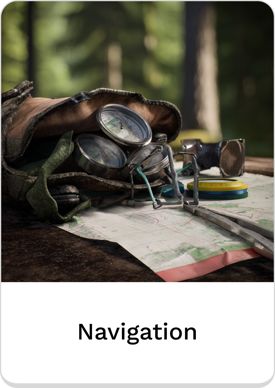 Navigation tools including compasses and maps for outdoor adventures.
