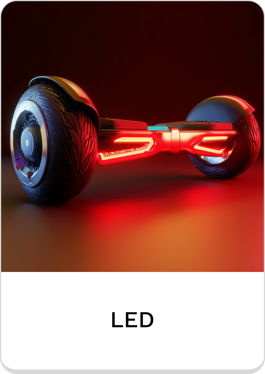 LED hoverboard with vibrant lights, showcasing its modern design and sleek wheels.