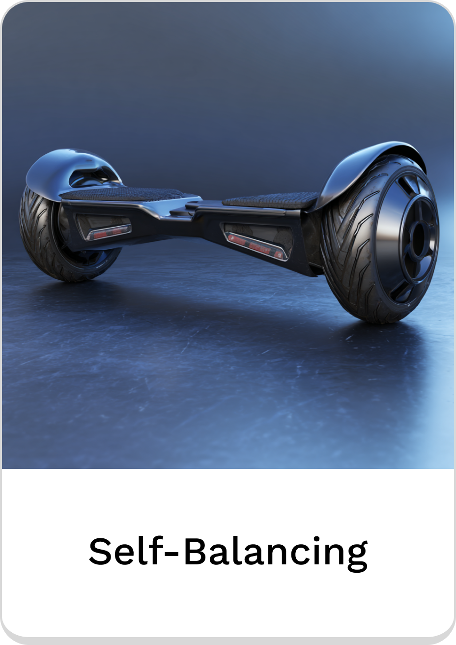Modern self-balancing hoverboard with sleek design and durable tires.