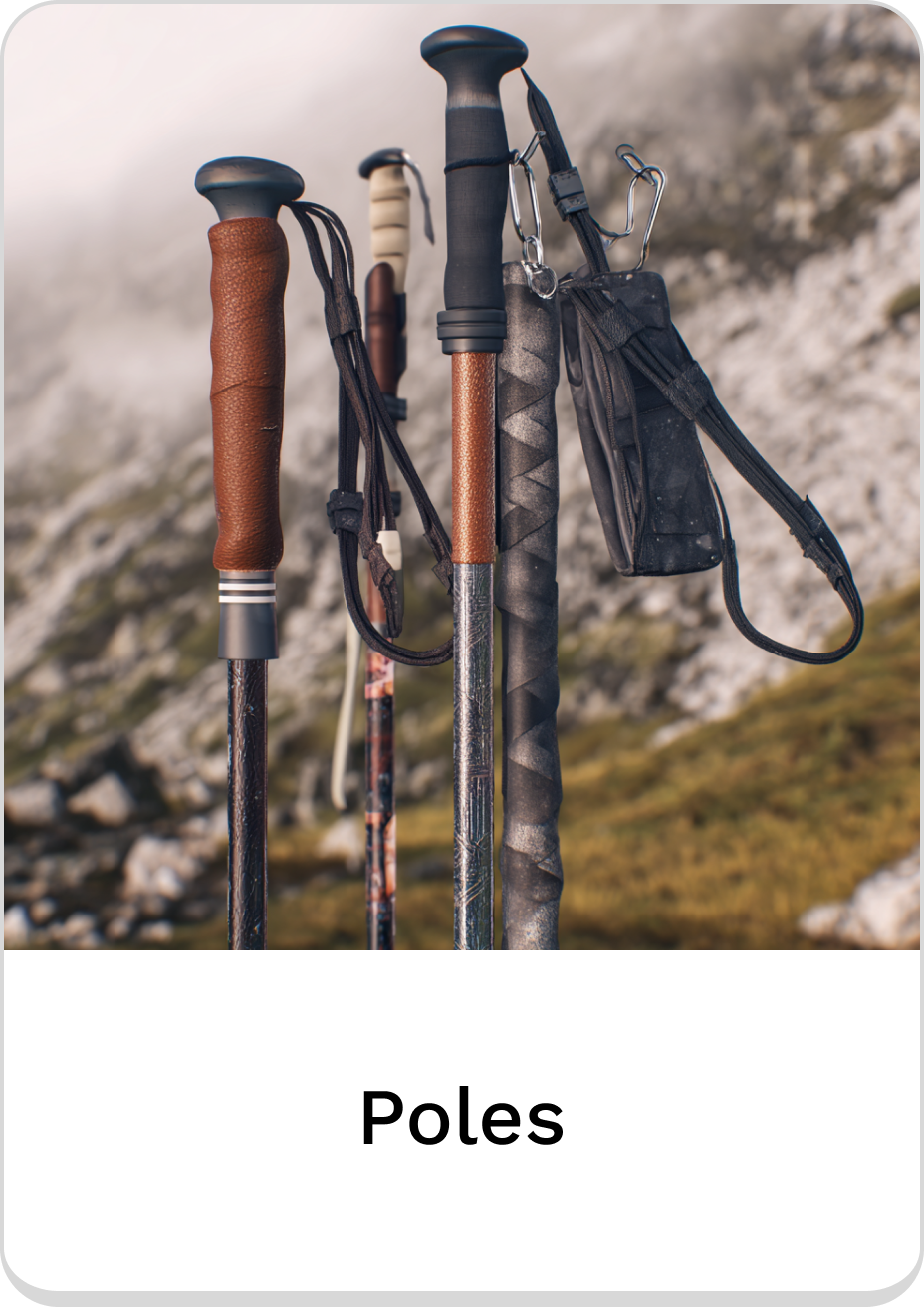 Variety of durable hiking poles for outdoor adventures in rugged terrain.