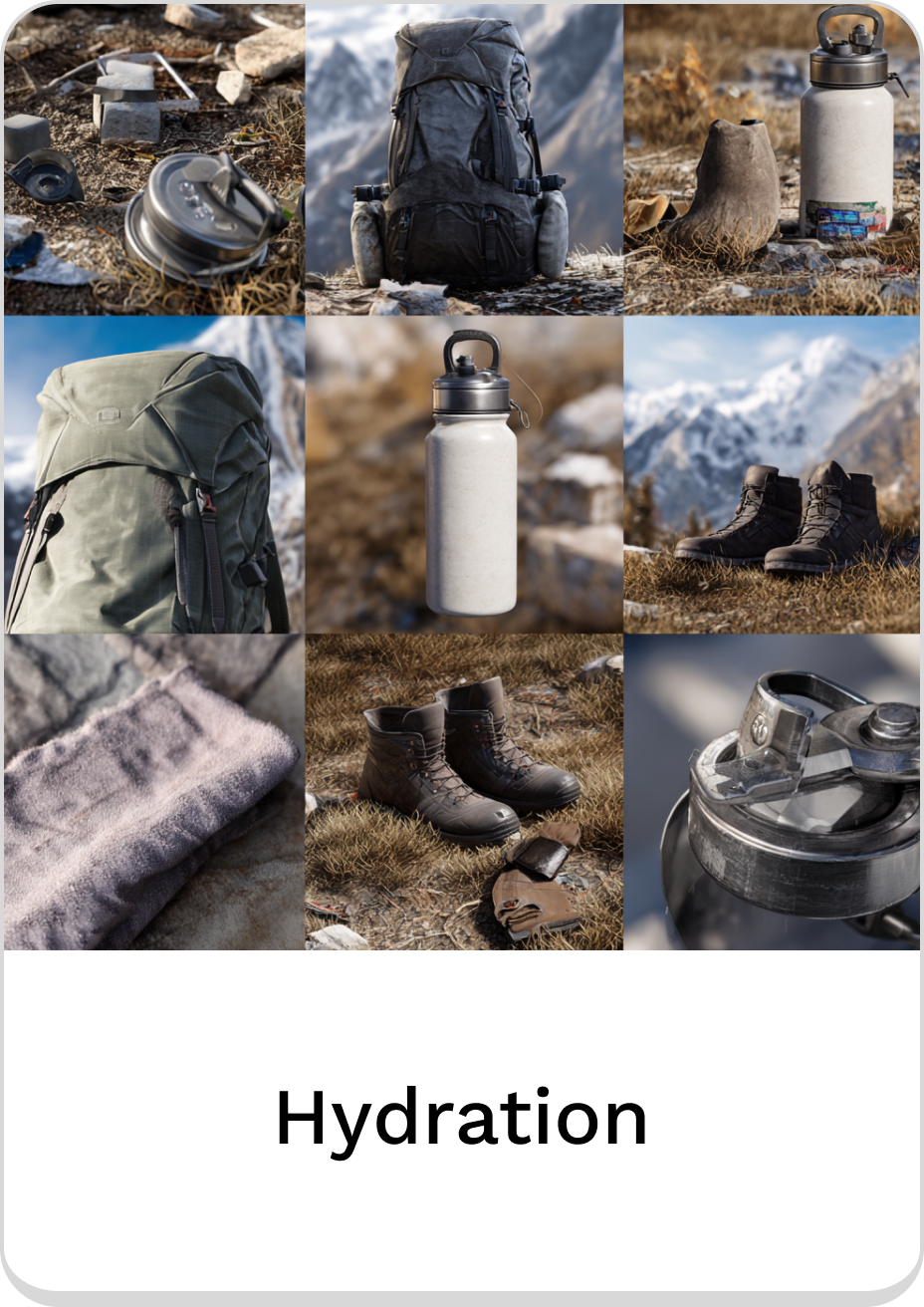 Outdoor hydration essentials: water bottles, backpacks, and gear for adventurers.