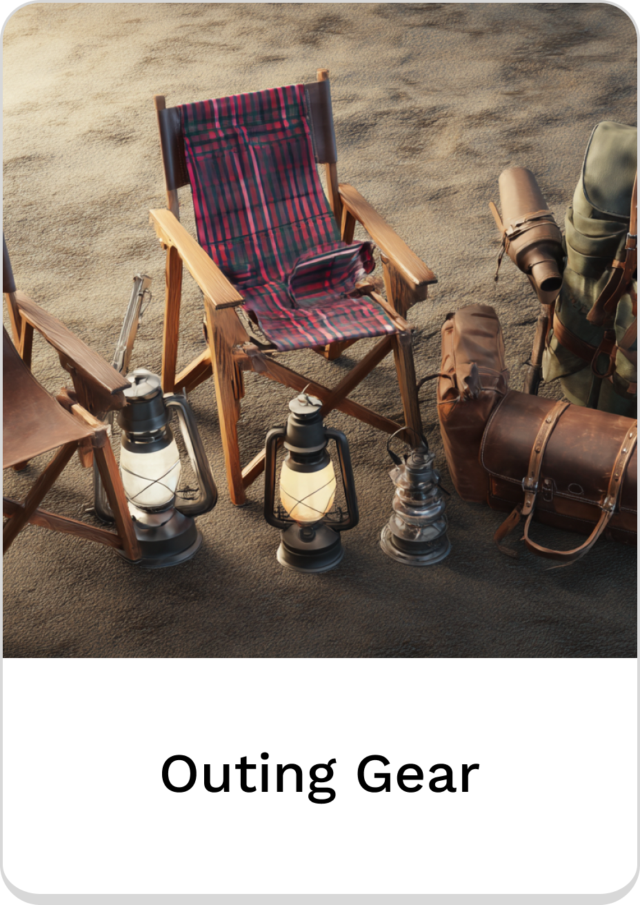 Cozy outing gear featuring a foldable chair and vintage lanterns.