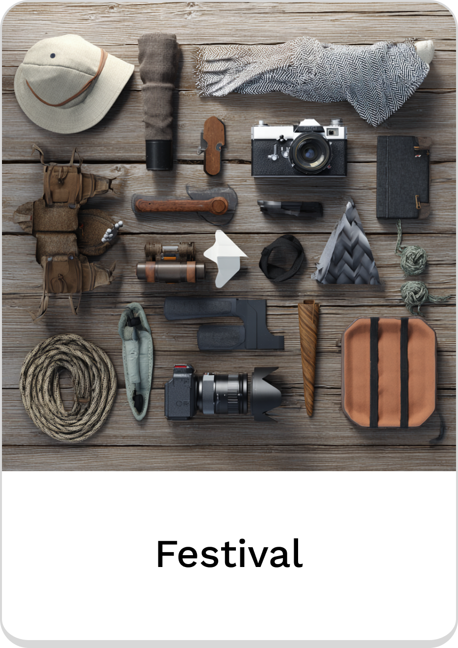 Festival essentials including camera gear, tools, and outdoor accessories on wooden background.