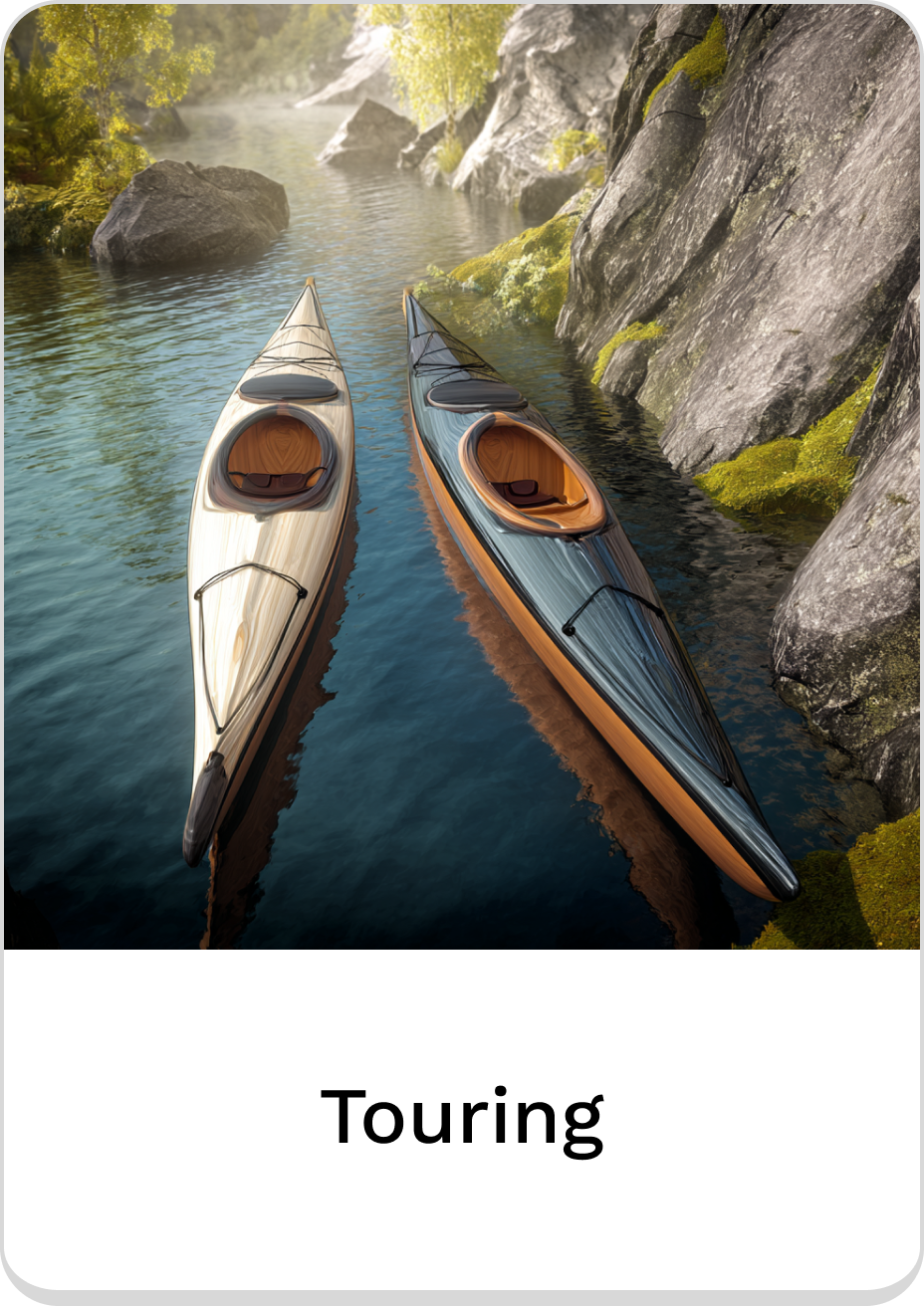 Two sleek touring kayaks gliding on a serene river surrounded by nature.