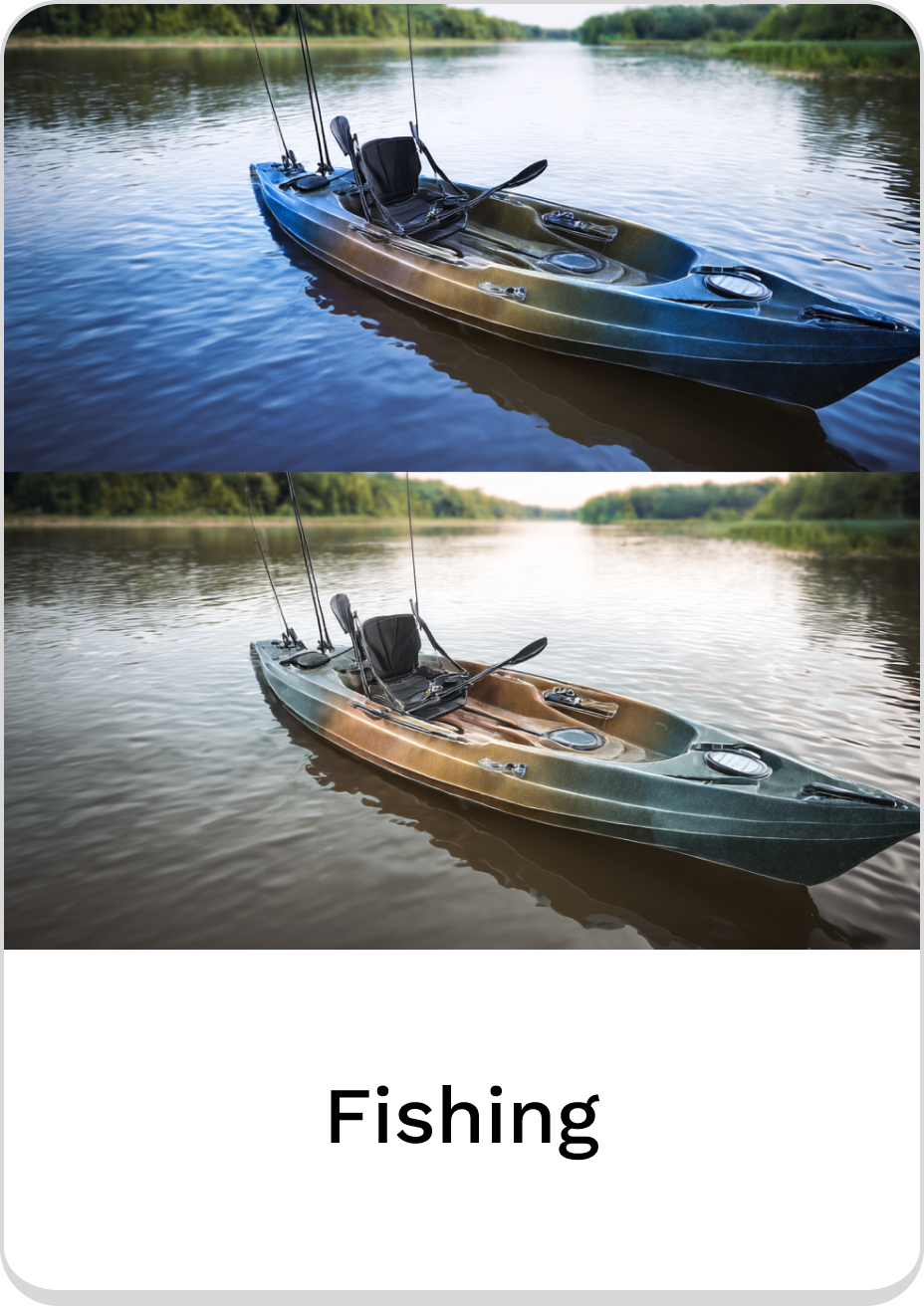 Two stylish fishing kayaks resting on calm waters, perfect for outdoor adventures.
