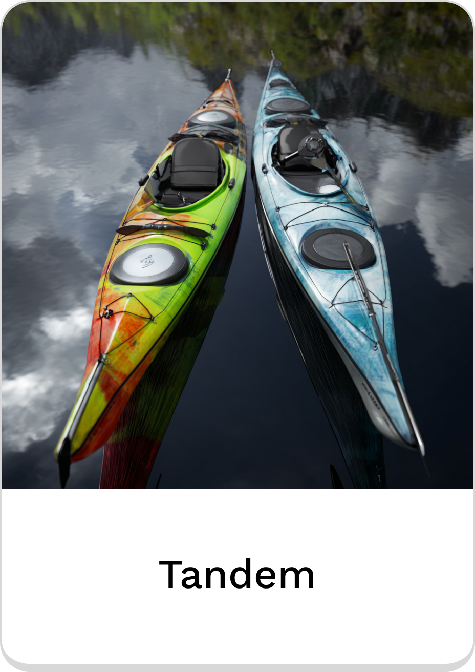 Vibrant tandem kayaks displayed on calm water for adventurous paddling experiences.