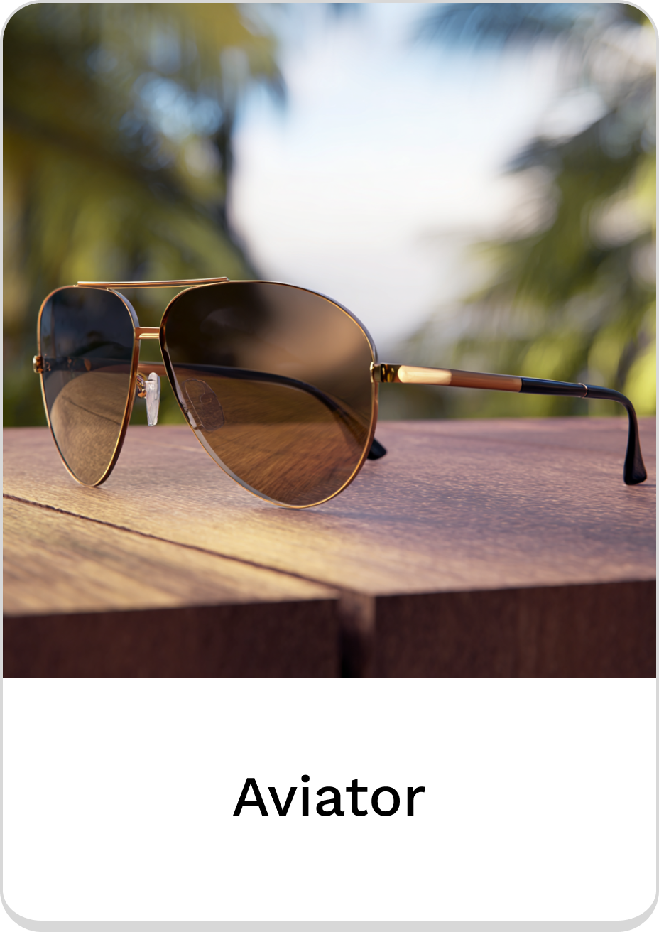 Stylish aviator sunglasses resting on a wooden surface with blurred tropical background.