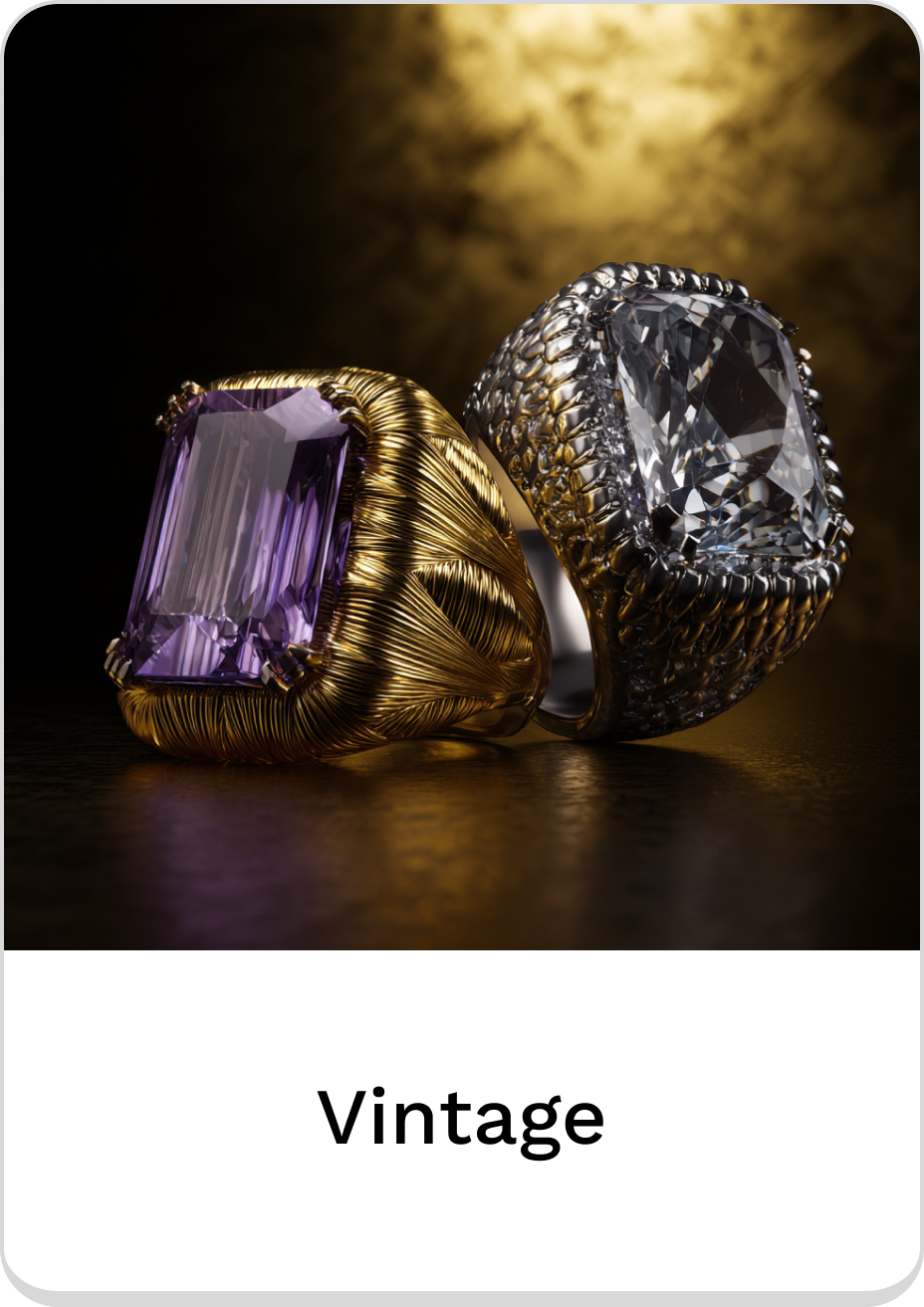 Elegant vintage rings featuring a purple gem and a diamond-like stone.