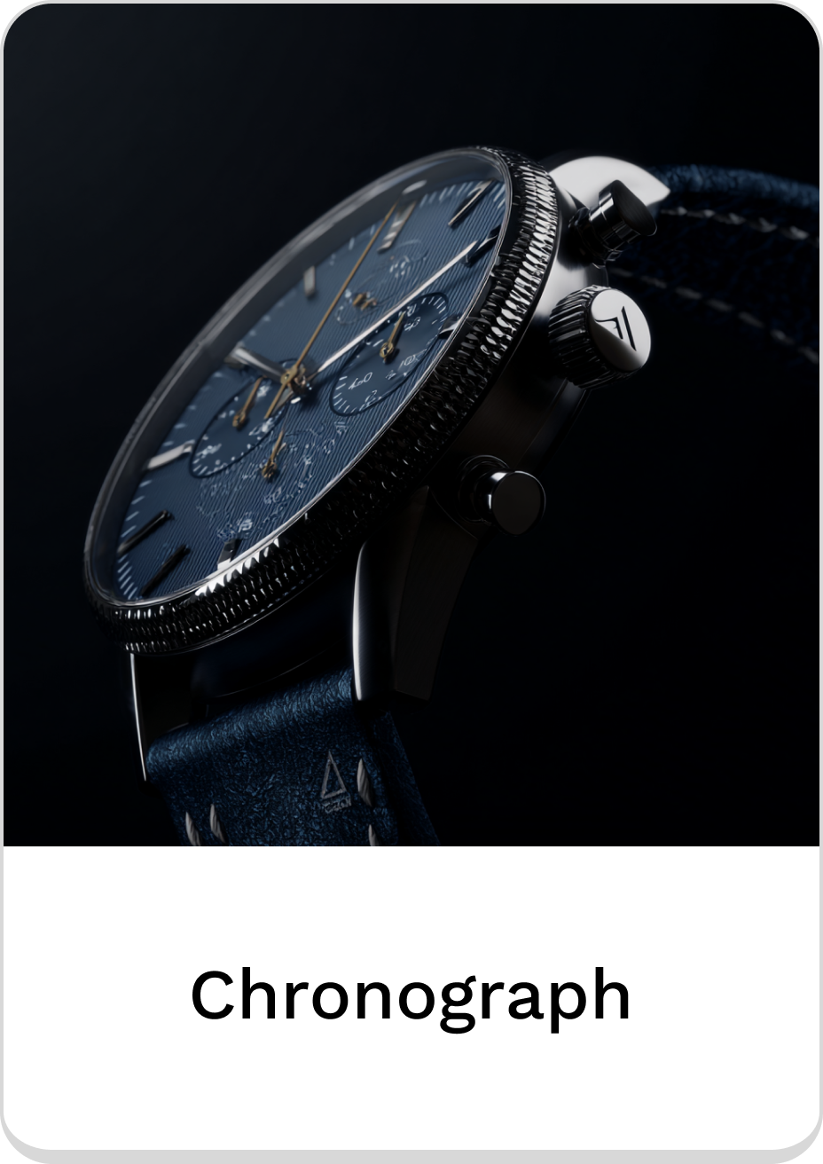 Elegant blue chronograph watch with textured dial and leather strap design.