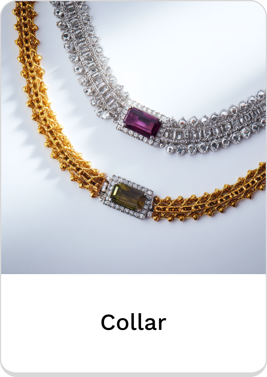 Elegant collar necklaces featuring vibrant gemstones and intricate designs.