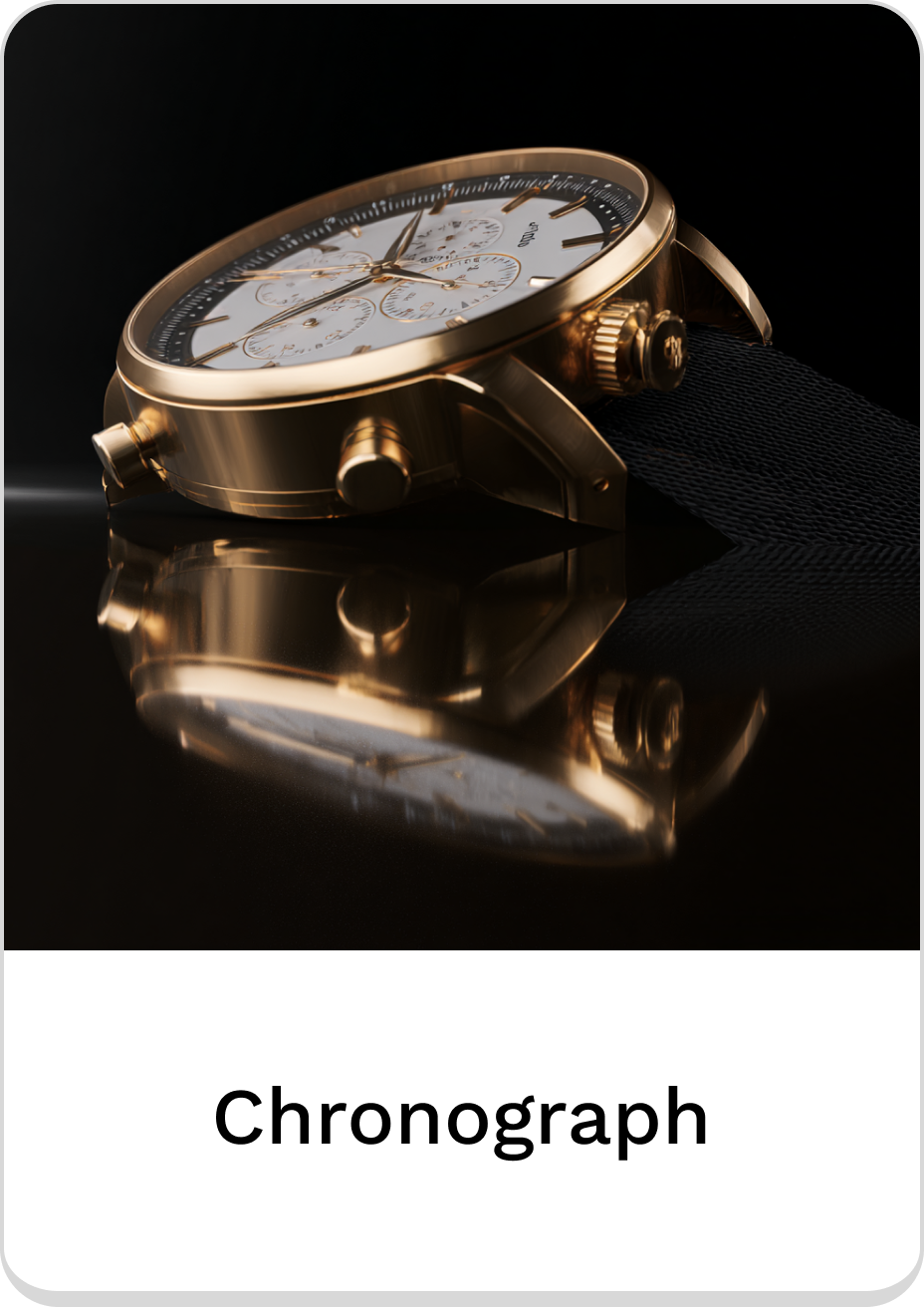 Elegant gold chronograph watch with reflective surface and sleek black strap.