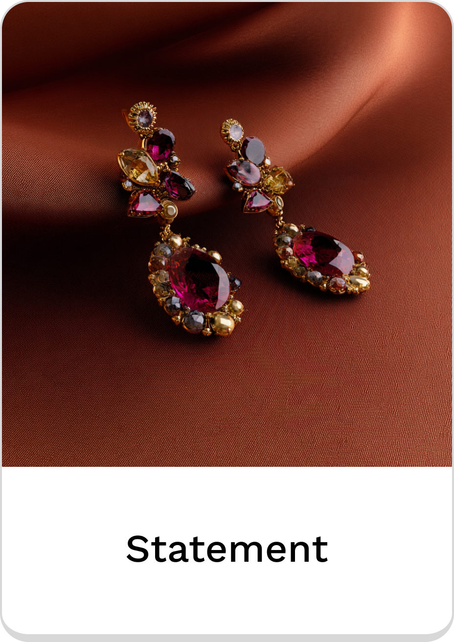 Elegant statement earrings featuring vibrant jewels and intricate design on fabric background.