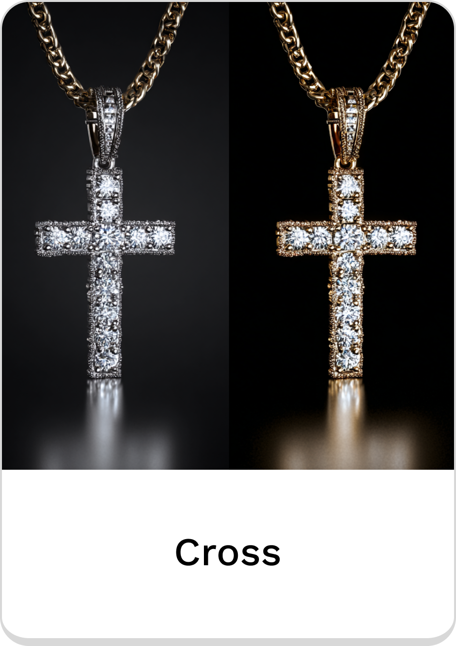 Elegant diamond cross necklace in silver and gold finishes, perfect for any occasion.